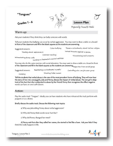 Tongues lesson Plan on Verbal Bullying